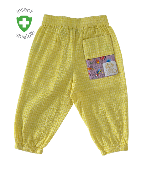 Dusty Lilac insect shield kids explorer pants yellow gingham– lifestyle shot 2